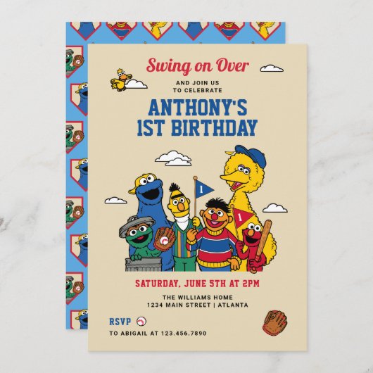 Sesame Street Baseball Birthday Einladung (Vorne/Hinten)