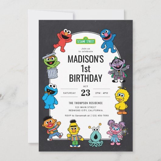 Sesame Street Characters Chalkboard Birthday Einladung (Vorderseite)
