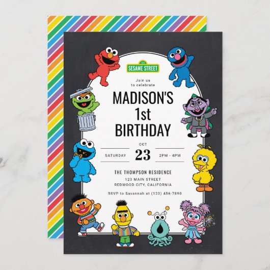 Sesame Street Characters Chalkboard Birthday Einladung (Vorne/Hinten)