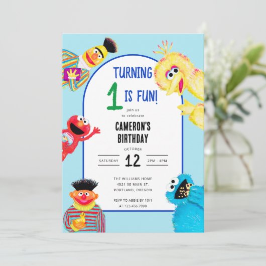 Sesame Street Characters First Birthday Party Einladung (Stehend Vorderseite)