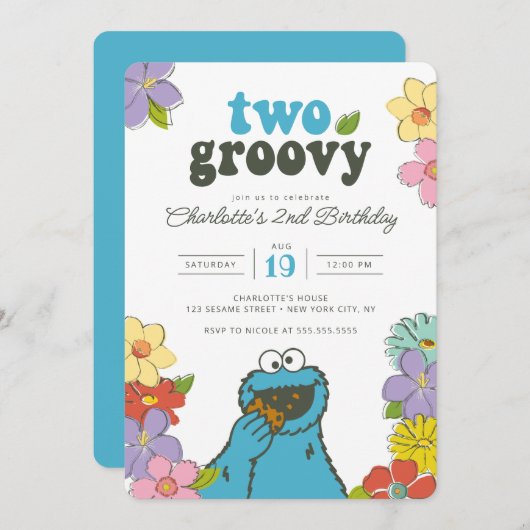 Sesame Street Cookie Monster | Two Groovy Birthday Einladung (Vorne/Hinten)