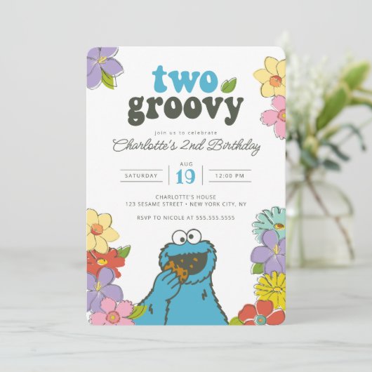 Sesame Street Cookie Monster | Two Groovy Birthday Einladung (Stehend Vorderseite)