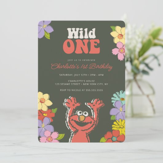Sesame Street Elmo | Wild One Floral Birthday Einladung (Stehend Vorderseite)