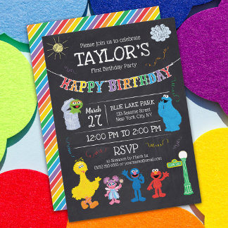 Sesame Street Pals Chalkboard Rainbow 1. Geburtsta Einladung