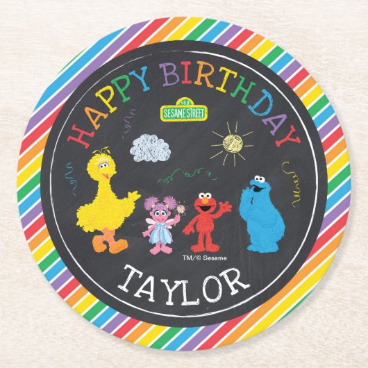 Sesame Street Pals Chalkboard Rainbow Birthday Runder Pappuntersetzer (Vorderseite)