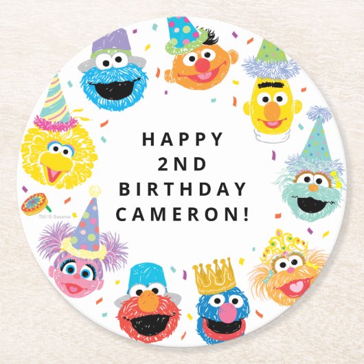 Sesame Street Pals Confetti Birthday Runder Pappuntersetzer (Vorderseite)