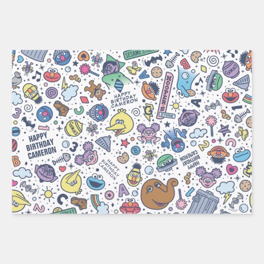 Sesame Street | Sesamstraßen-Freunde-Doodle-Muster Geschenkpapier Set (Vorderseite)