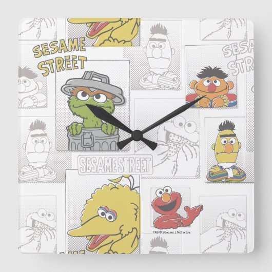 Sesame StreetVintage Comic Pattern Quadratische Wanduhr (Vorderseite)