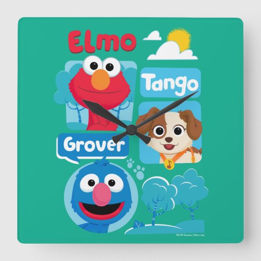 Sesamstraße | Elmo, Tango, & Grover Park Graphic Quadratische Wanduhr (Vorderseite)