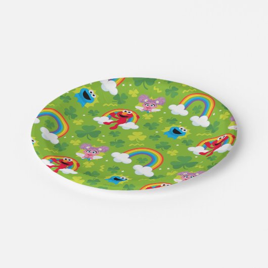 Sesamstraße Kleeblatt und Regenbogenmuster Pappteller (Schrägansicht)