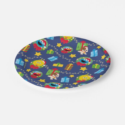 Sesamstraße Weihnachtsmuster Pappteller (Schrägansicht)