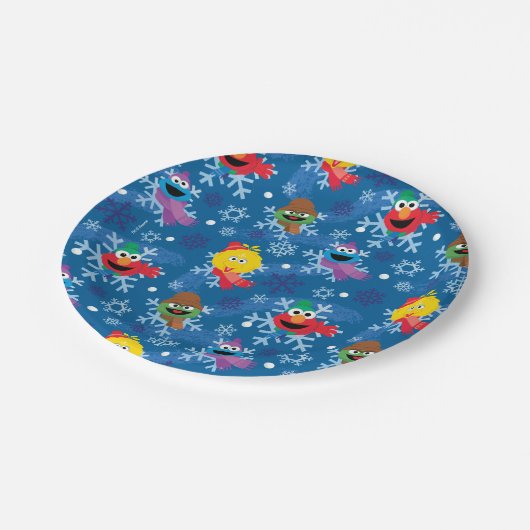 Sesamstraße Winterschneeflockenmuster Pappteller (Schrägansicht)