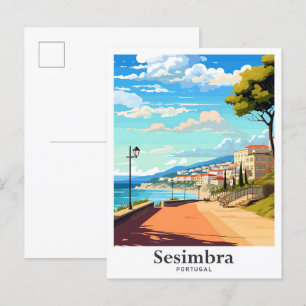 Sesimbra Portugal Kunst Vintage Reise Illustration Postkarte
