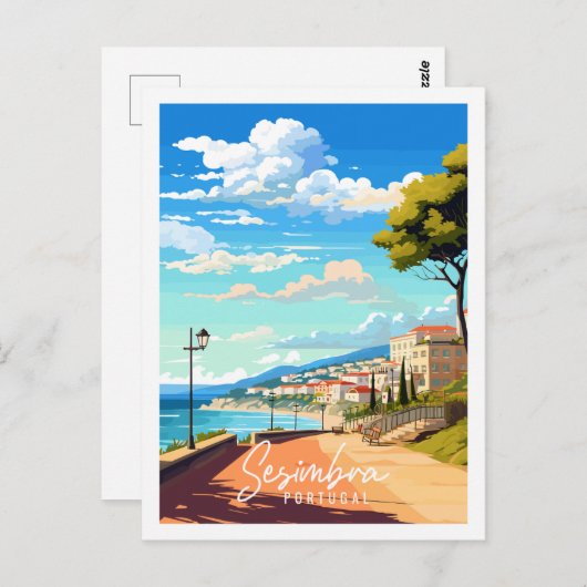 Sesimbra Portugal Vintage-Illustration Postkarte (Vorne/Hinten)