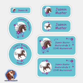 Set - 24 Namensaufkleber Pferde Blumen türkis |  Aufkleber