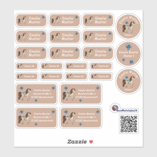 Set - 24 Namensaufkleber Pferde Herzchen braun | Aufkleber (Blatt)