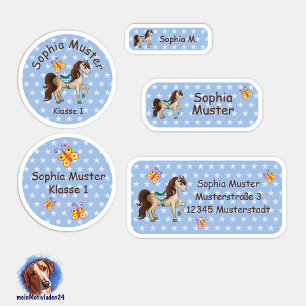 Set - 24 Namensaufkleber Pferde Sternchen blau Aufkleber