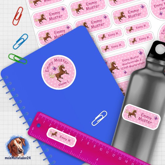 Set - 24 Namensaufkleber Pferde Sterne rosa | Aufkleber