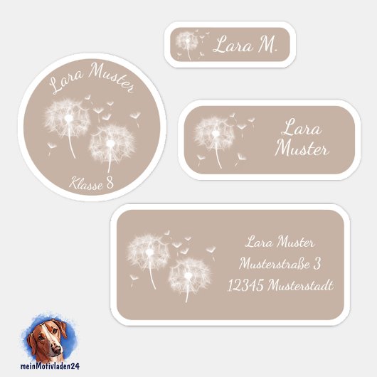 Set - 24 Namensaufkleber Pusteblume - braun |  Aufkleber