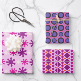 Set 3 Farbige Vintage Retro-60er-70er Geschenkpapier Set