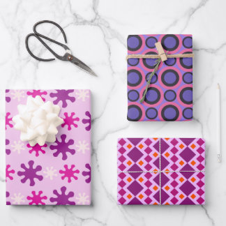 Set 3 Farbige Vintage Retro-60er-70er Geschenkpapier Set