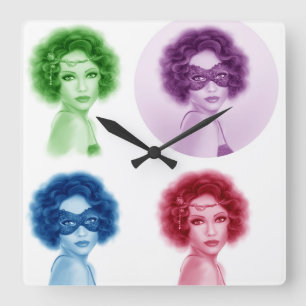 Set abstrakt schönes Retro-Frauenportrait auf Par Quadratische Wanduhr