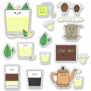 Set aus 15 Kawaii-Vietnamesischem Kaffee & Tee Aufkleber