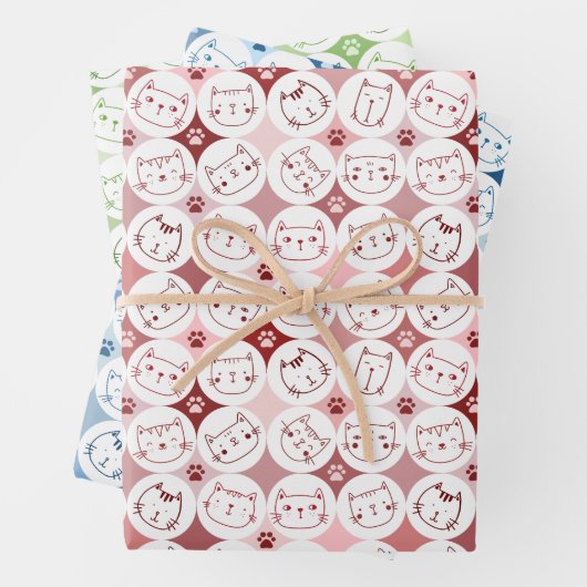 Set aus 3 Blättern mit Katzengesicht Geschenkpapier Set (Beispiel)