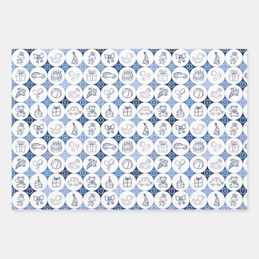 Set aus 3 Bogen mit Spielzeugzeichnungen Geschenkpapier Set (Vorderseite)