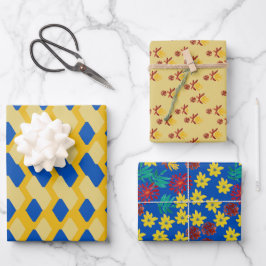 Set aus 3 floralen und geometrischen Geschenkpapie Geschenkpapier Set