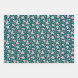 Set aus 3 - Rosa und blaue Blumen auf Türkis – Mod Geschenkpapier Set