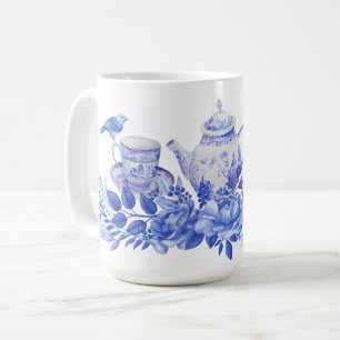 Set aus Blauem und Weißem Tee mit Tasse von Vögeln