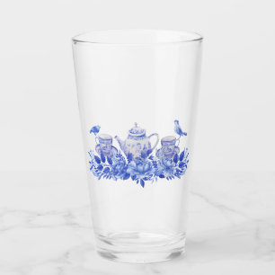 Set aus Blauem und Weißem Tee mit Vögeln Glas
