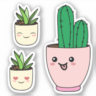 Set aus drei kawaii Sukkulenten-Pflanzen aus Vinyl Aufkleber