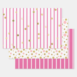 Set aus Papier - Pink-goldene Streifen Polka-Punkt