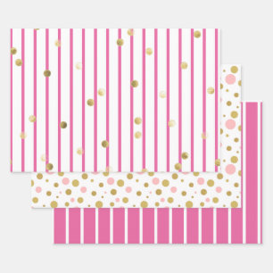 Set aus Papier - Pink-goldene Streifen Polka-Punkt