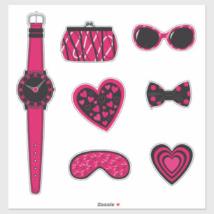 Set aus rosa und schwarzen Artikeln Aufkleber