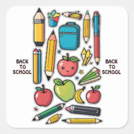 Set "Back-to-School-Sticker" - farbenfrohe Artikel Quadratischer Aufkleber