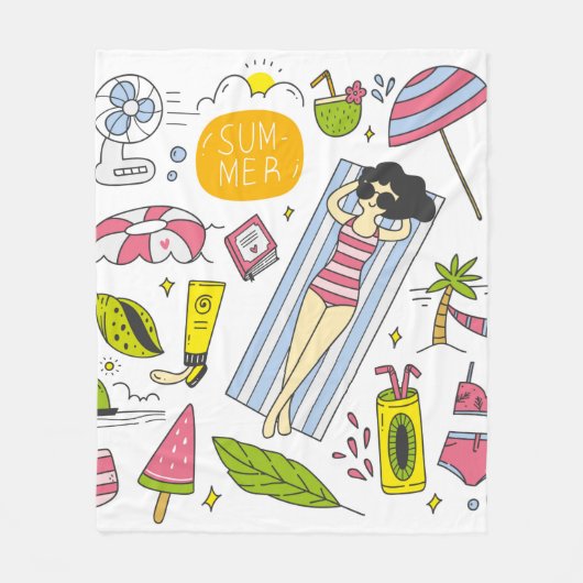 Set der Sommerdoodle auf weißem Hintergrund Vintag Fleecedecke (Vorderseite)