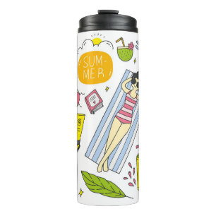Set der Sommerdoodle auf weißem Hintergrund Vintag Thermosbecher