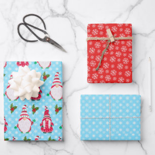 Set der Weihnachtsgnomen   Rote und blaue Schneefl Geschenkpapier Set