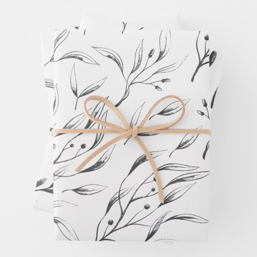 Set für graues und weißes botanisches Verpackungsp Geschenkpapier Set (Beispiel)