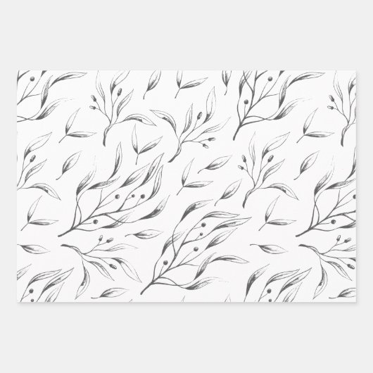 Set für graues und weißes botanisches Verpackungsp Geschenkpapier Set (Vorderseite)