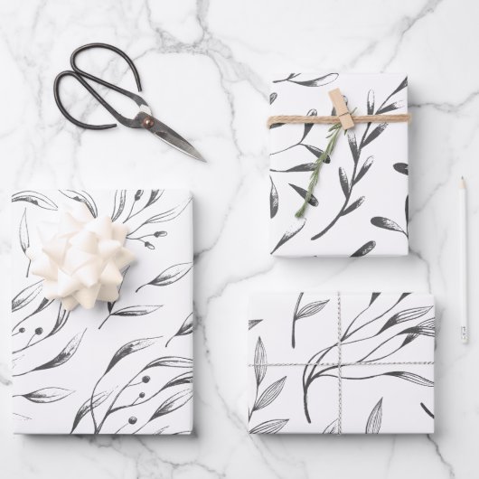 Set für graues und weißes botanisches Verpackungsp Geschenkpapier Set (Vorderseite)