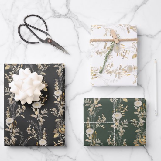 Set für Minimalistisches Gold Florals Wrapping Pap Geschenkpapier Set (Vorderseite)