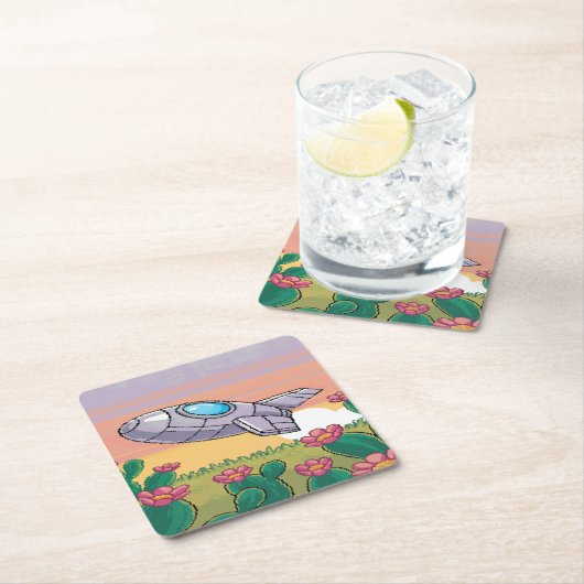 Set für Pixel-Spaceship-Cactus-Untersetzer Rechteckiger Pappuntersetzer (Vor Ort)