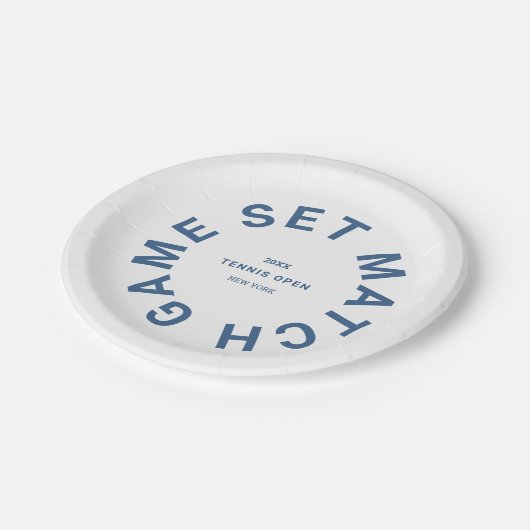 Set Match Blue Tennis Turnier Wappen Pappteller (Schrägansicht)