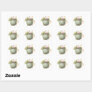 Set mit Teetassen-Blumen-Aufklebern Quadratischer Aufkleber