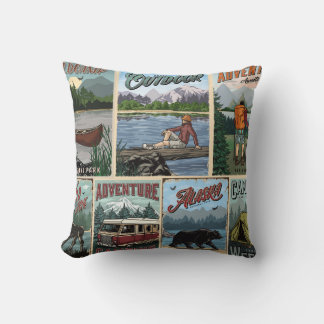 Set mit Vintage-Postern für Outdoor-Aktivitäten mi Kissen