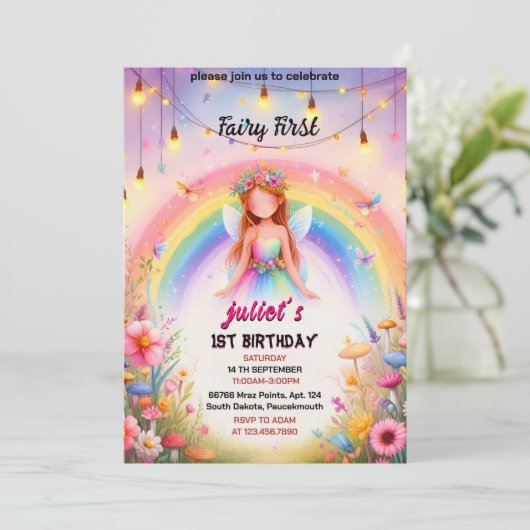 Set niedlich Floral Pink Mädchenmärchen ersten 1.  Einladung (Stehend Vorderseite)